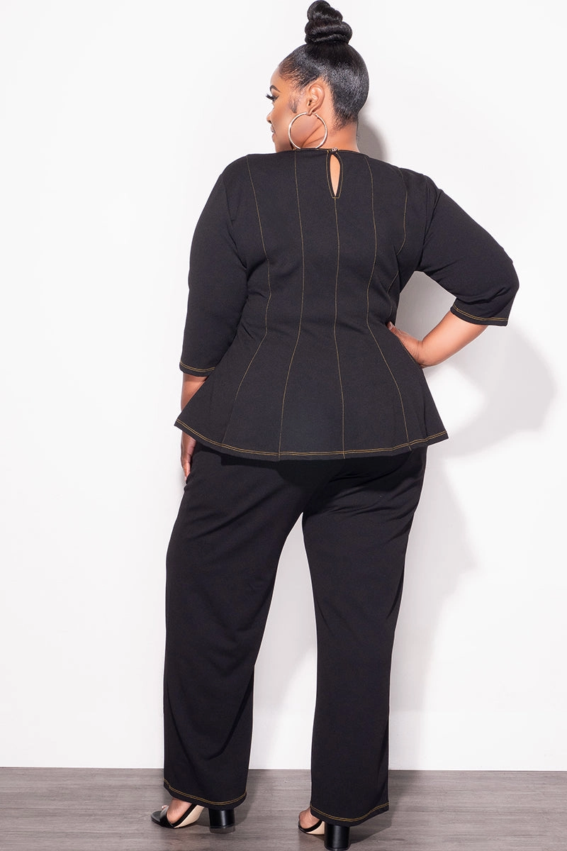 Final Sale Plus Size 2pc Peplum Top with 3/4 Sleeves and Pants Set in Black Smart Look Tough Stretch
