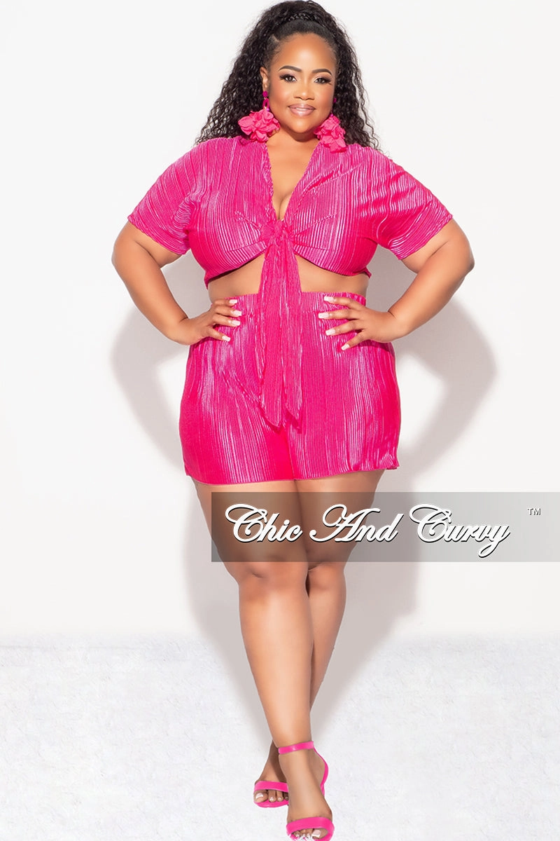 Final Sale Plus Size 2pc Pleated Crop Tie Top & Short Set in Fuchsia UltraSoftLining