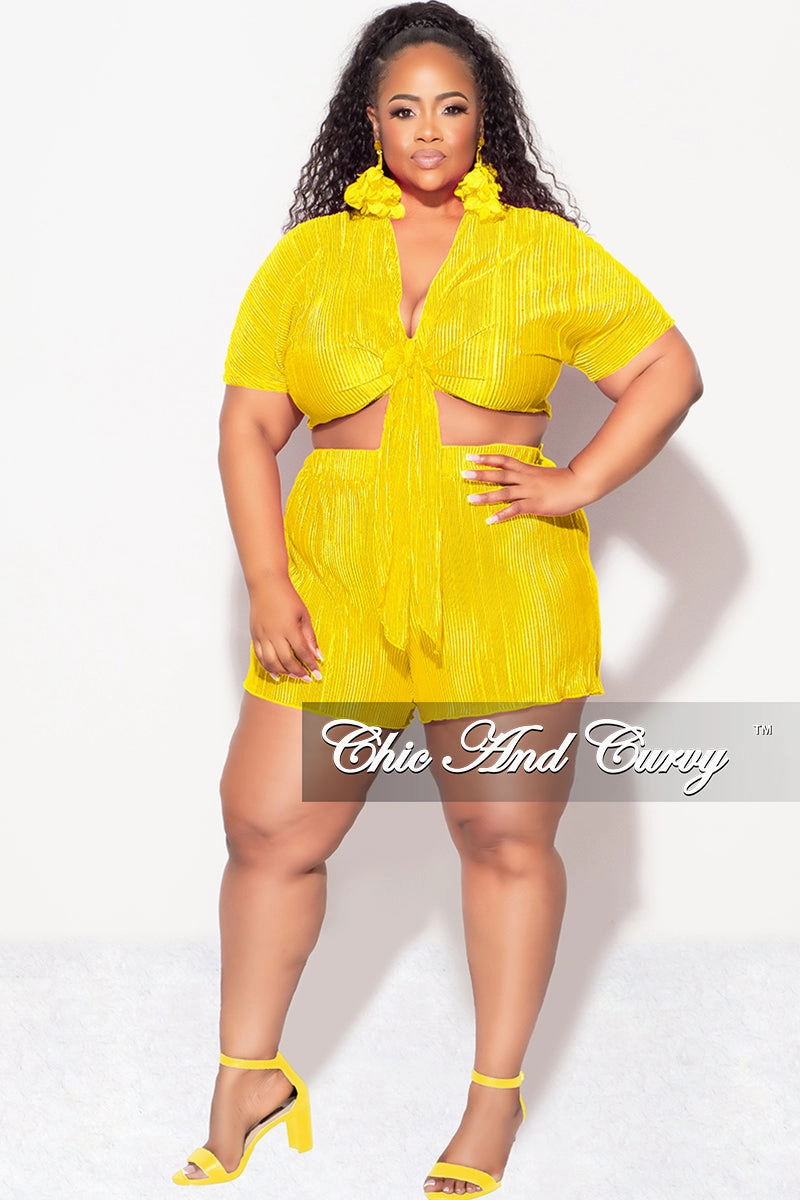 Final Sale Plus Size 2pc Pleated Crop Tie Top & Short Set in Yellow Abrasion Resistant Surface