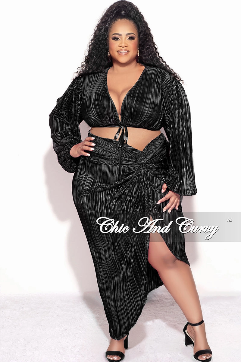 Final Sale Plus Size 2pc Pleated Crop Tie Top & Wrap Skirt Set in Black Smart Casual