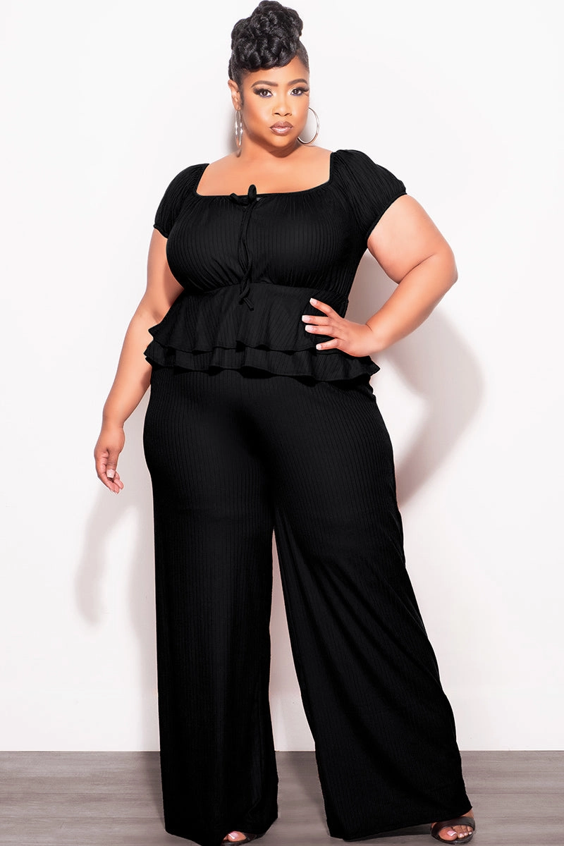 Comfort Fit Wear Final Sale Plus Size 2pc Ribbed Peplum Top and Pants Set in Black