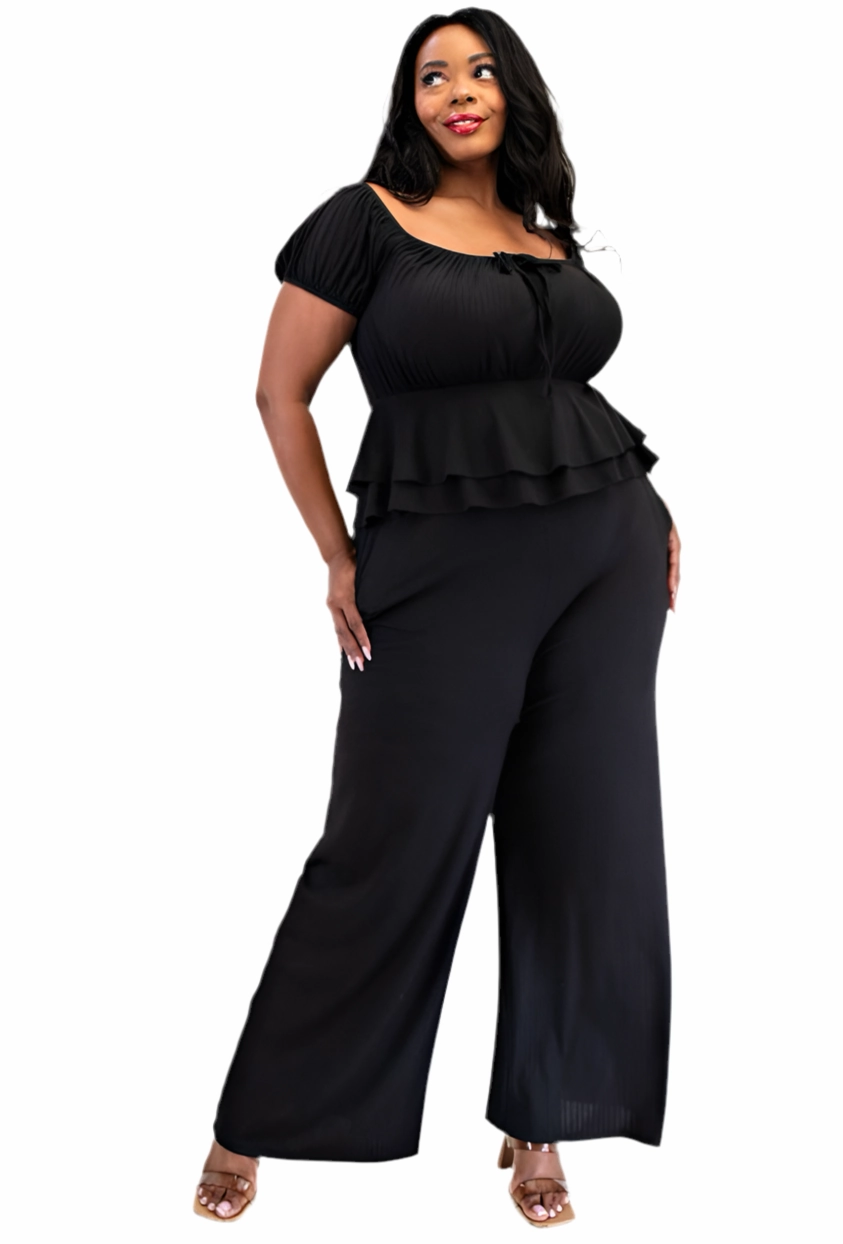 Final Sale Plus Size 2pc Ribbed Peplum Top and Pants Set in Black Casual Design