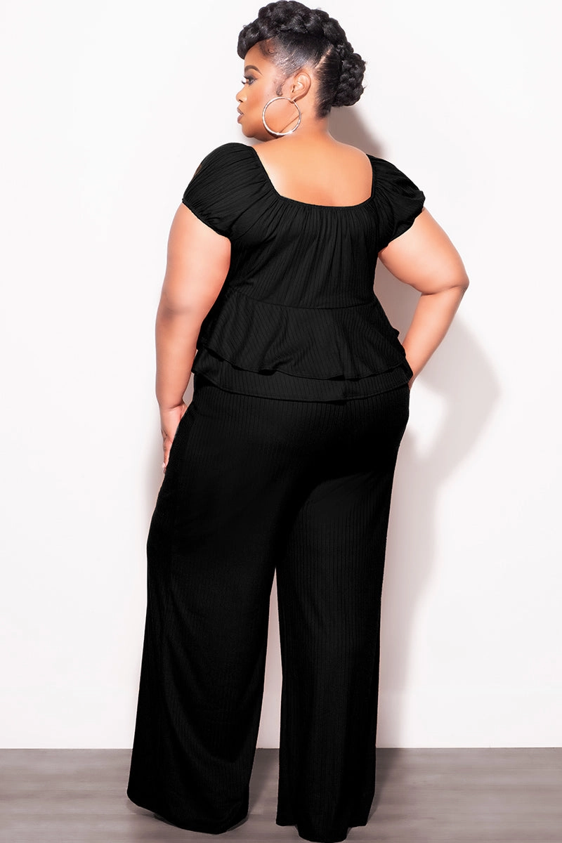 Final Sale Plus Size 2pc Ribbed Peplum Top and Pants Set in Black Workwear Flexible Knees