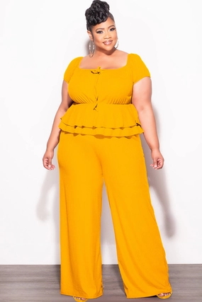 Final Sale Plus Size 2pc Ribbed Peplum Top and Pants Set in Mustard MultiPocket Tailored Fit