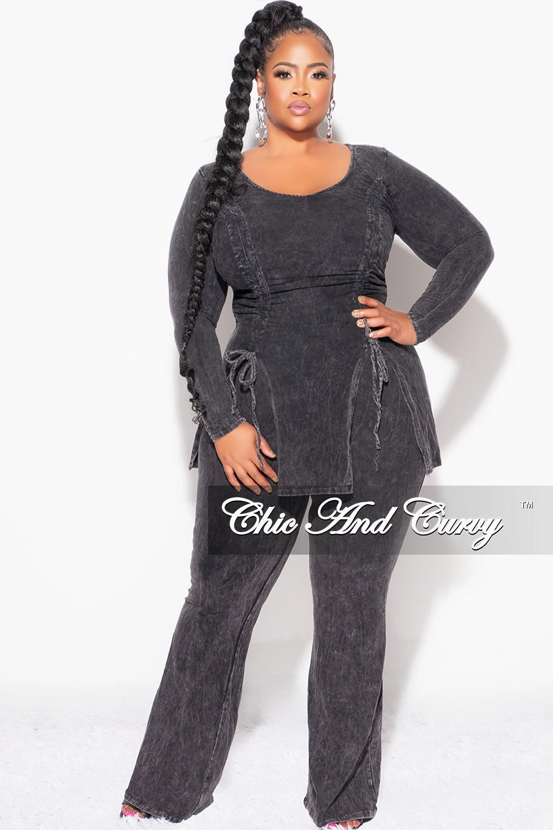 Final Sale Plus Size 2pc Ruched Drawstring Double Slit Top and Pants Set in Black Functional Comfort Wear