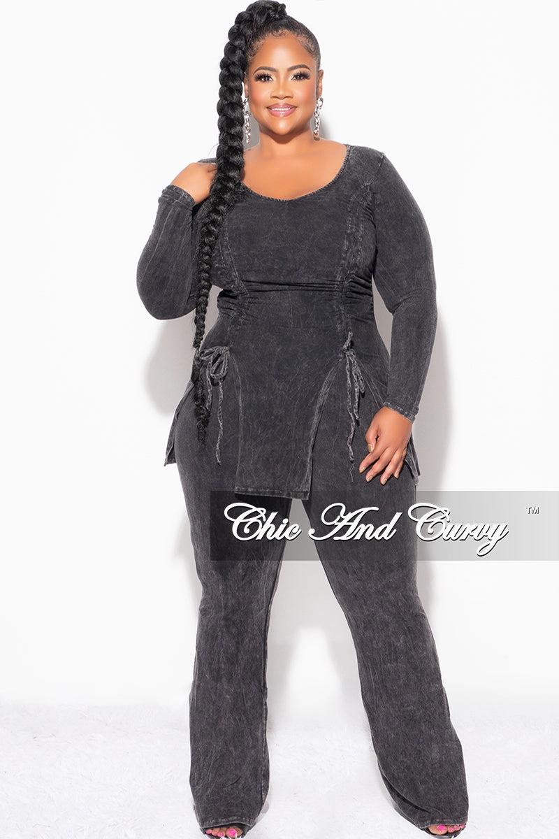 Comfortable Look Wear Final Sale Plus Size 2pc Ruched Drawstring Double Slit Top and Pants Set in Black