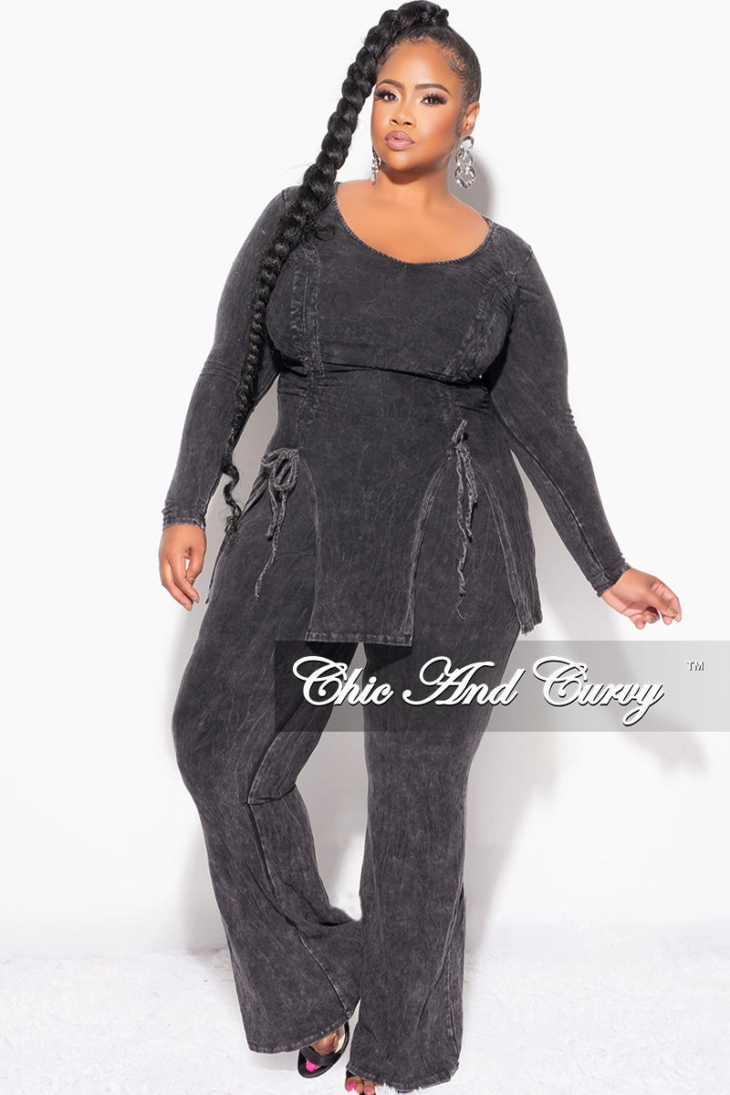 Final Sale Plus Size 2pc Ruched Drawstring Double Slit Top and Pants Set in Black Durable Stitching Fashionable Cut