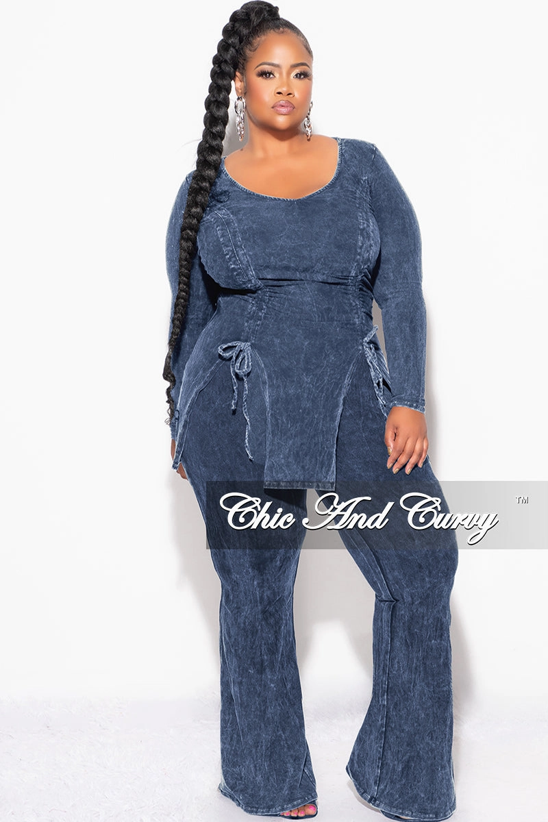 Final Sale Plus Size 2pc Ruched Drawstring Double Slit Top and Pants Set in Blue No Frills Fit
