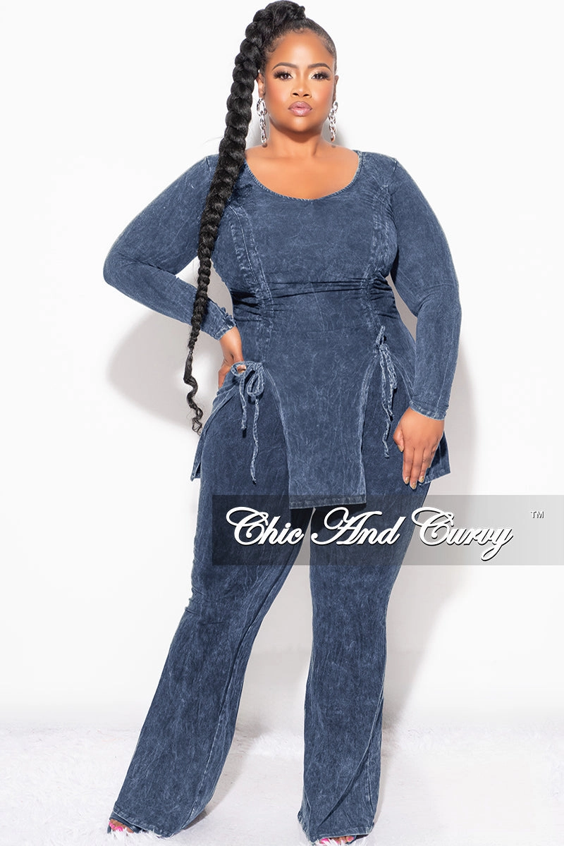 Comfy Style Final Sale Plus Size 2pc Ruched Drawstring Double Slit Top and Pants Set in Blue
