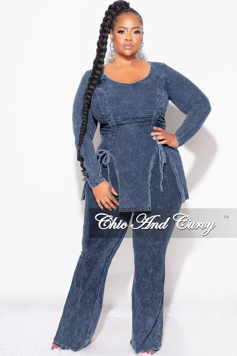 Distressed finish Final Sale Plus Size 2pc Ruched Drawstring Double Slit Top and Pants Set in Blue