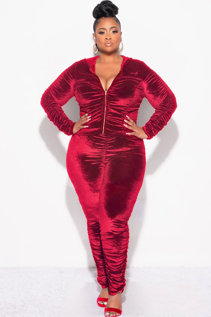 Final Sale Plus Size 2pc Ruched Hooded Zip-Up Top and Pants Set in Burgundy Velvet Modular Pocket System