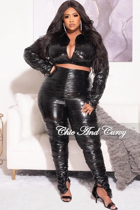 Final Sale Plus Size 2pc Ruched Patent Leather Deep V Crop Top and Pants Set in Black Relaxed fit wear