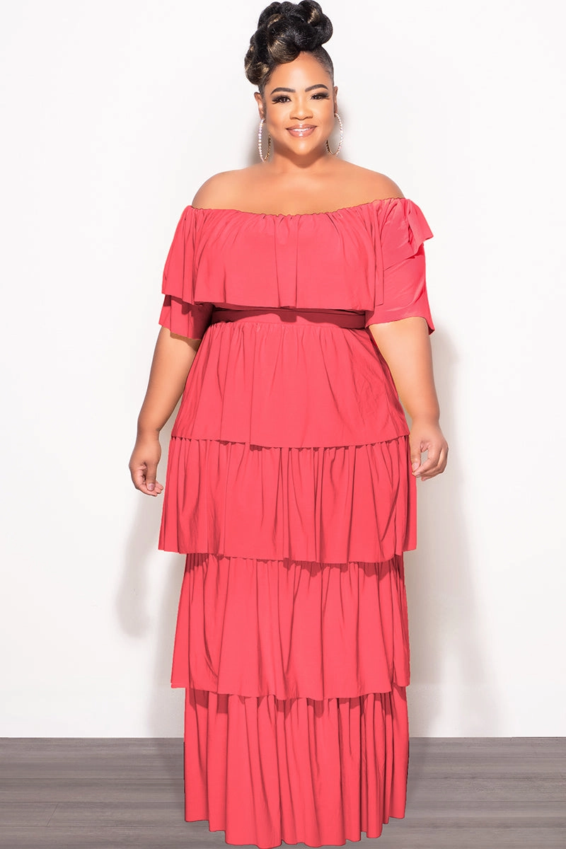Elastic waist Ultra Stretch Final Sale Plus Size 2pc Ruffle Tiered Off the Shoulder Crop Top Maxi Skirt Set in Coral