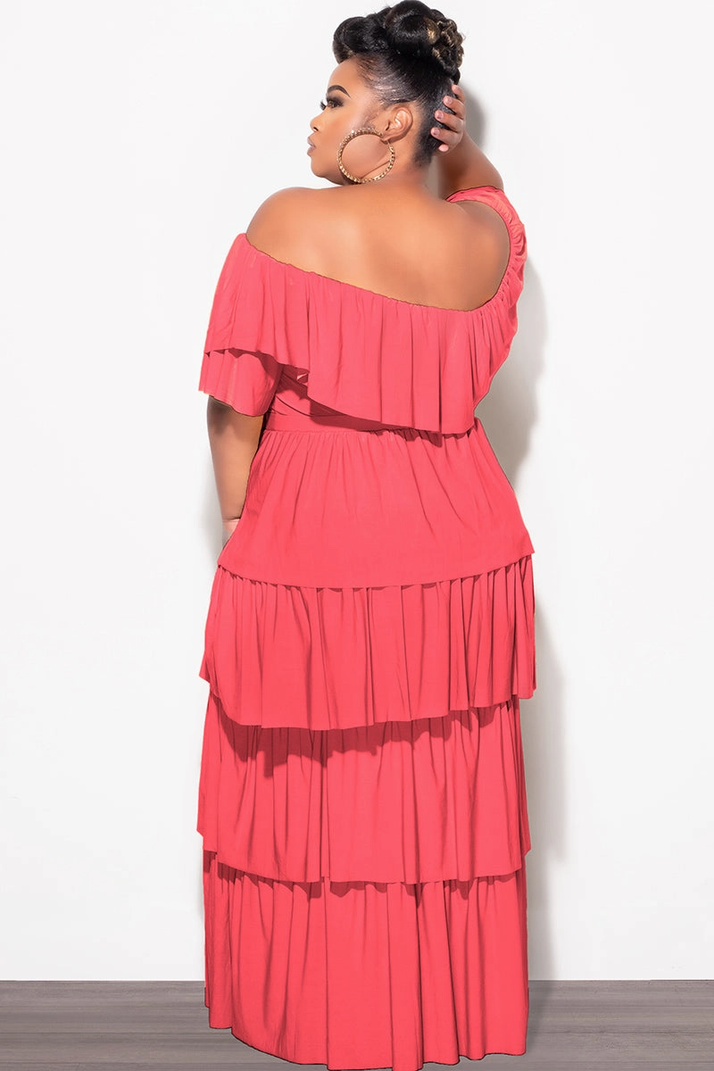 Final Sale Plus Size 2pc Ruffle Tiered Off the Shoulder Crop Top Maxi Skirt Set in Coral Easy Layer Relaxed Comfort Fit