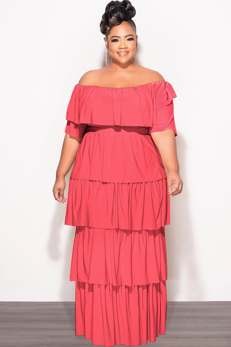 Final Sale Plus Size 2pc Ruffle Tiered Off the Shoulder Crop Top Maxi Skirt Set in Coral Stretch Motion Soft Structure