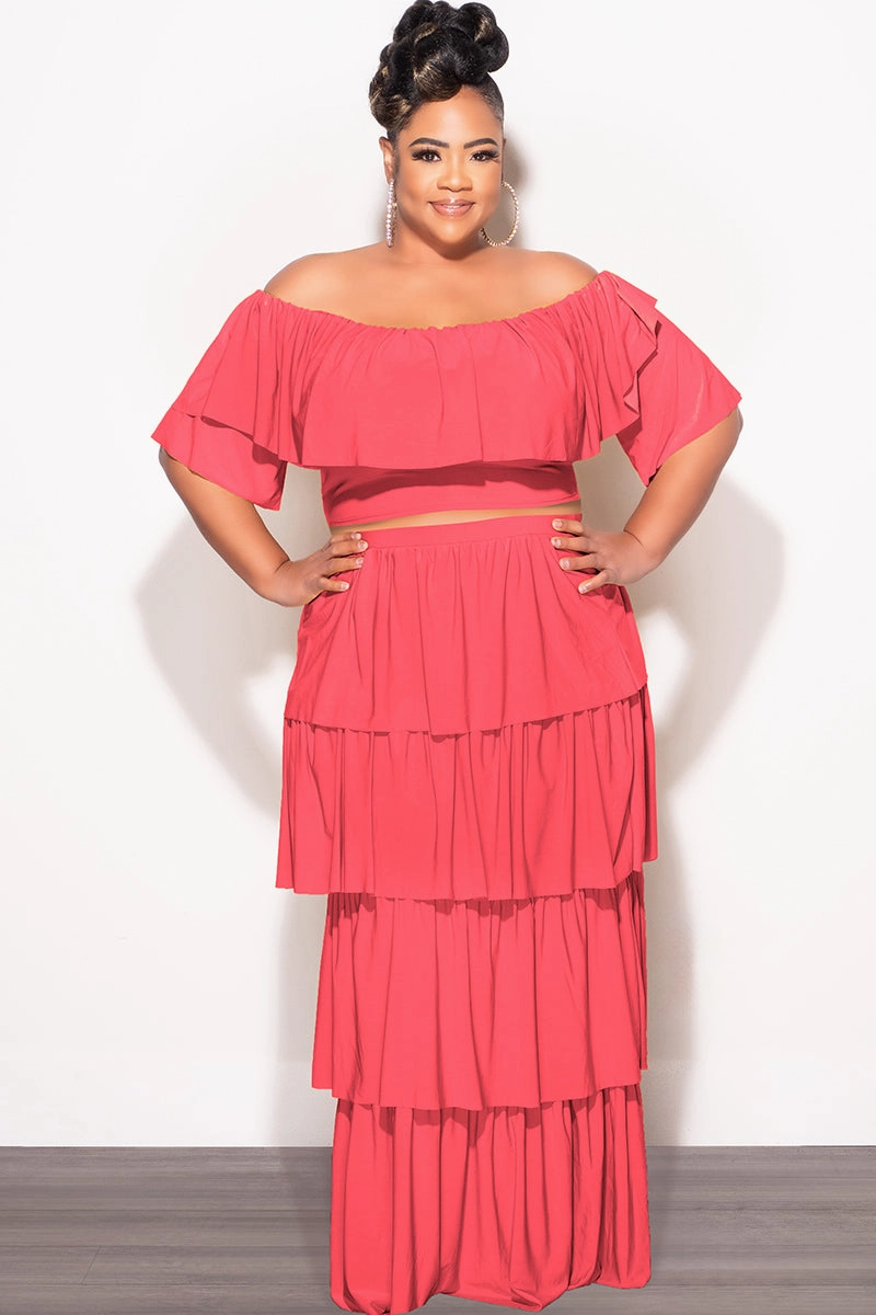 Final Sale Plus Size 2pc Ruffle Tiered Off the Shoulder Crop Top Maxi Skirt Set in Coral Slim Look Fit Sport Comfort Fit