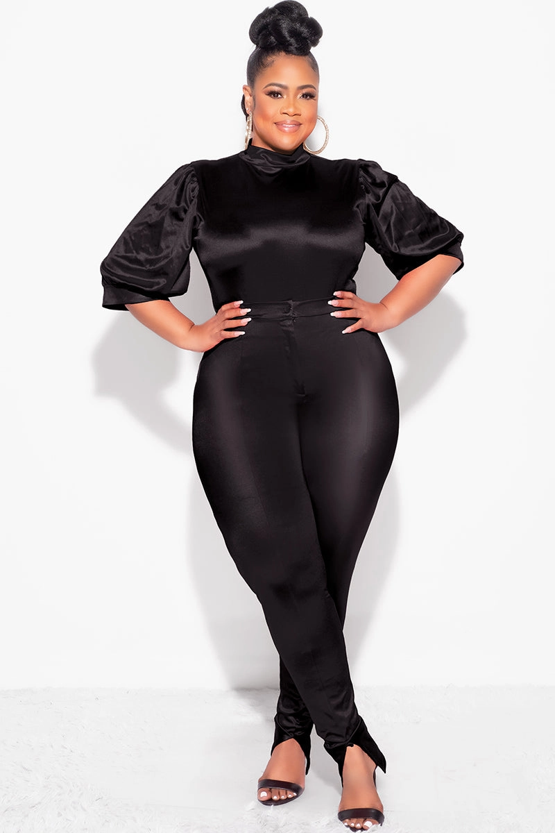 Workout-ready Flattering Look Final Sale Plus Size 2pc Satin Puffy Short Sleeve Bodysuit and Pants Set in Black
