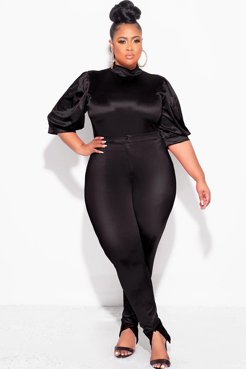 Simple Silhouette No Pinch Final Sale Plus Size 2pc Satin Puffy Short Sleeve Bodysuit and Pants Set in Black