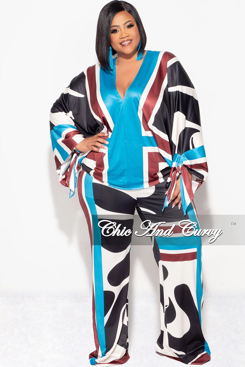 Final Sale Plus Size 2pc Satin Top and Palazzo Pants Set in Turquoise Design HeatRegulatingLining Layering Essential