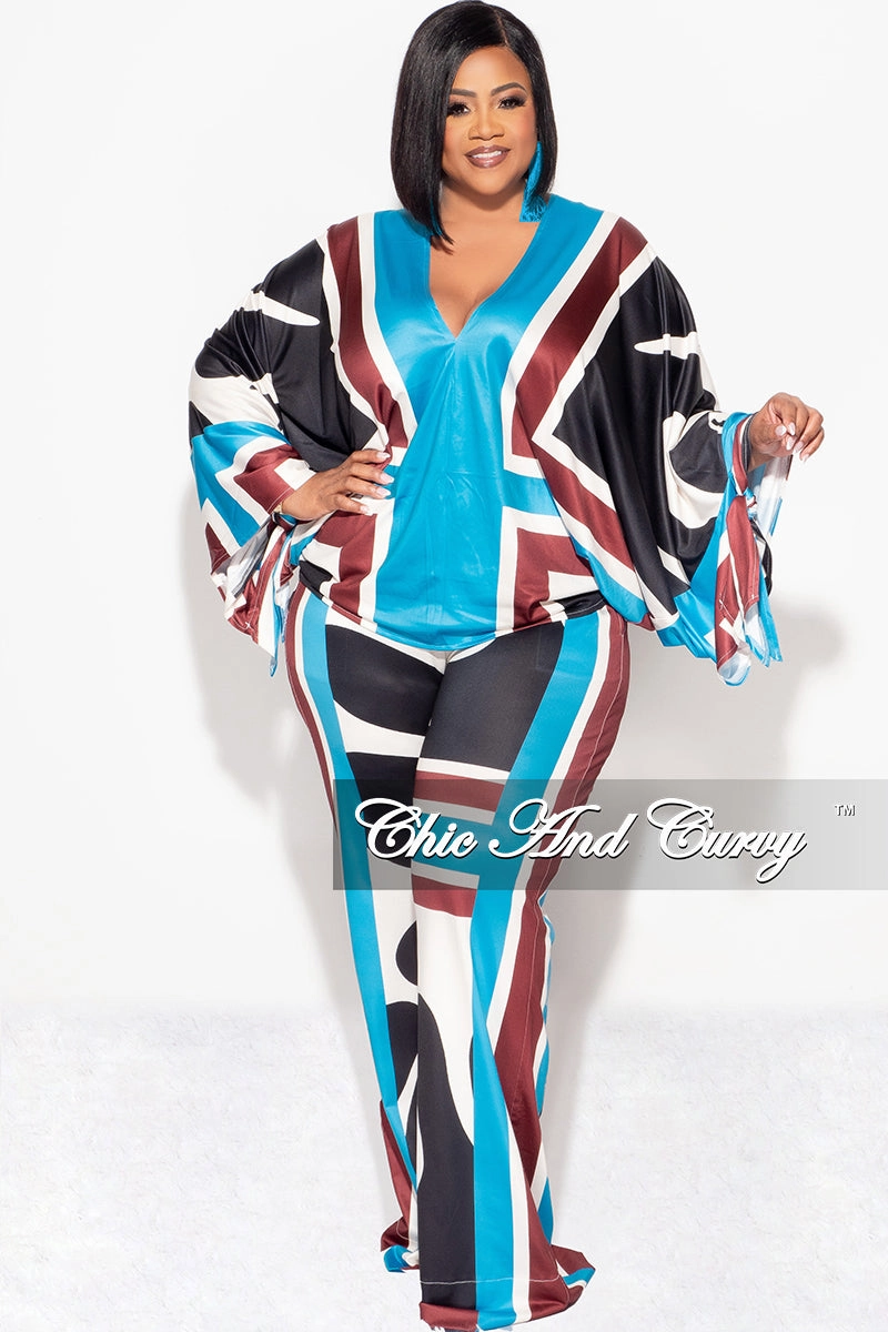 Final Sale Plus Size 2pc Satin Top and Palazzo Pants Set in Turquoise Design Urban Fit