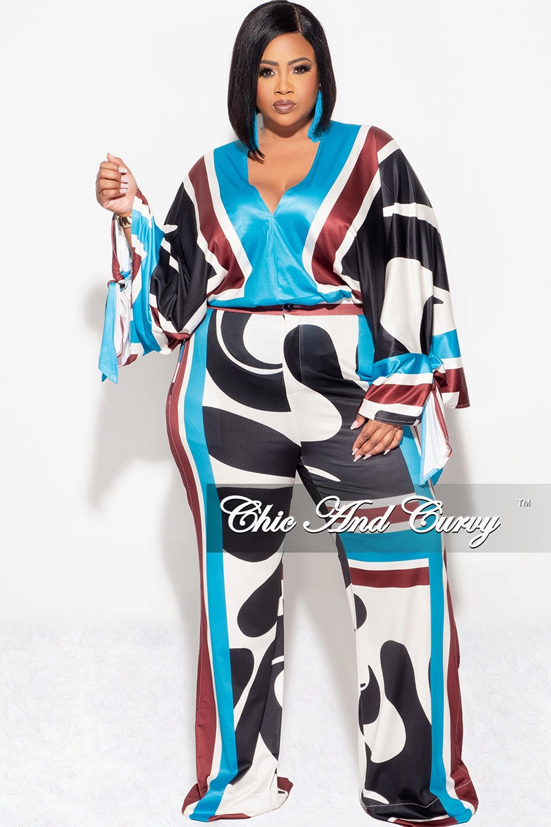 Final Sale Plus Size 2pc Satin Top and Palazzo Pants Set in Turquoise Design Quick Wear Comfortable Design