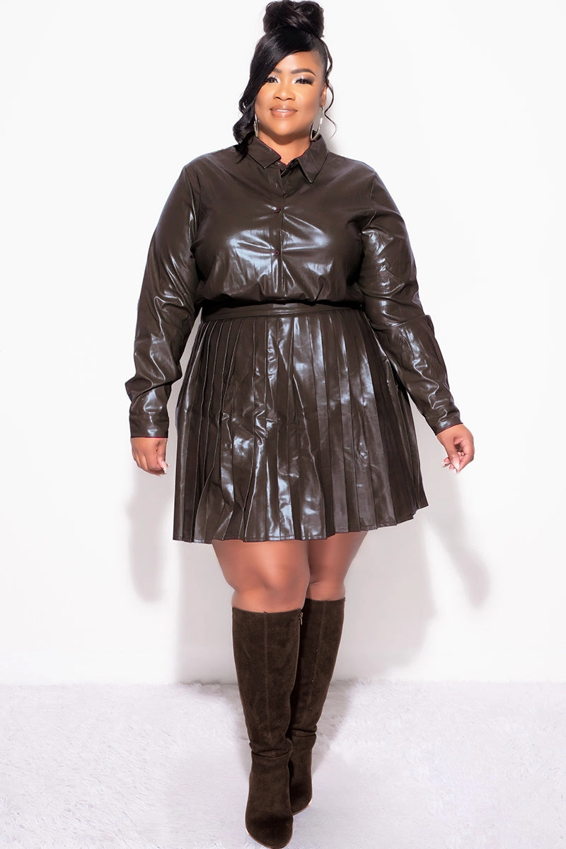 Final Sale Plus Size 2Pc Set Button Up Top With Pleated Skirt in Chocolate Brown Body shaping BreathableLining