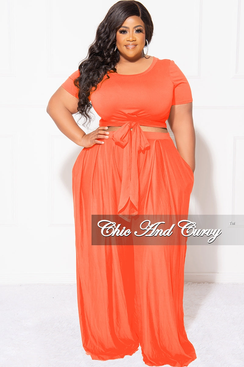 Final Sale Plus Size 2pc Set Cropped Tie Top & Pants in Orange Modular Pocket System Comfy Vibes