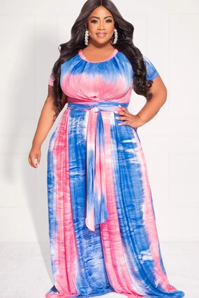 Compact Fit Final Sale Plus Size 2pc Set Cropped Tie Top & Pants in Pink, Blue, and White Tie Dye Print