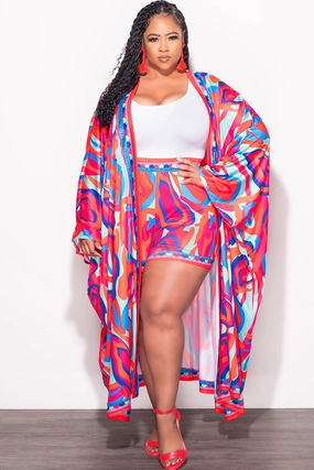 Durable Stitching Anti Static Lining Final Sale Plus Size 2pc Set Duster & Shorts in Pink & Orange Mixed Print