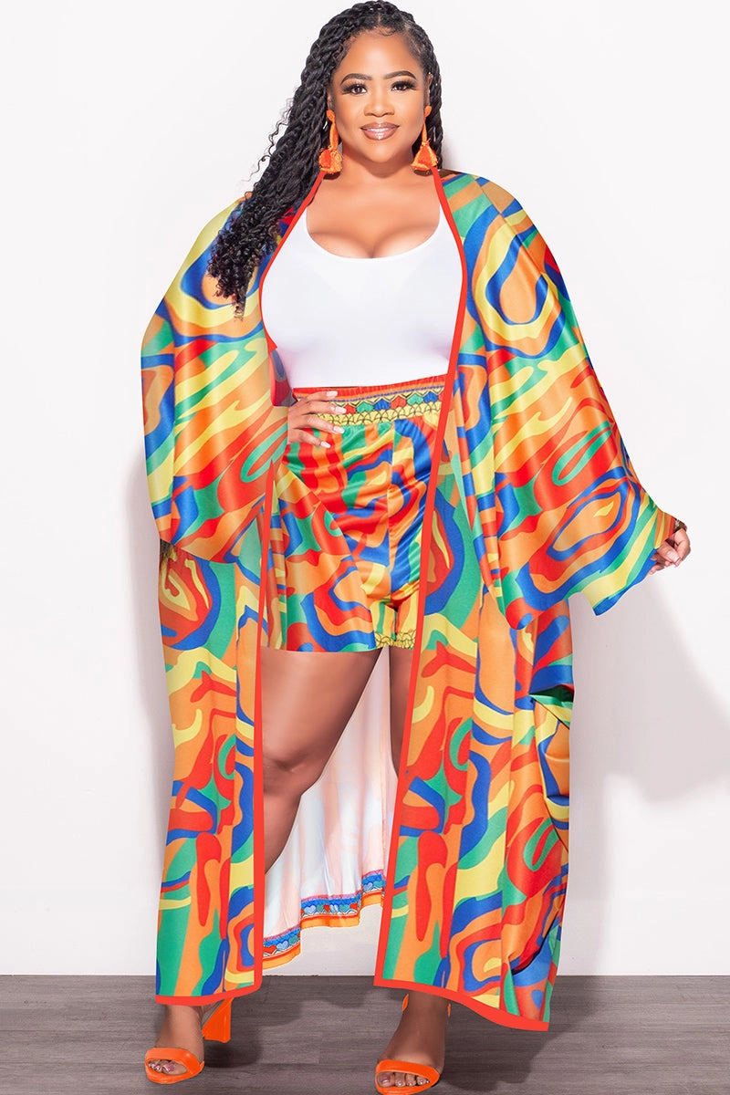 Final Sale Plus Size 2pc Set Duster & Shorts in Yellow Mixed Print Soft Structure