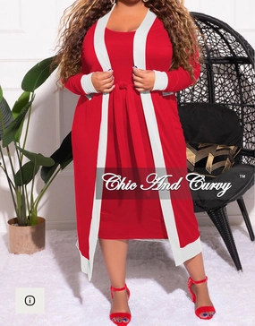 Comfy Shape Final Sale Plus Size 2pc Set Duster & Tank Tie Dress in Red & White