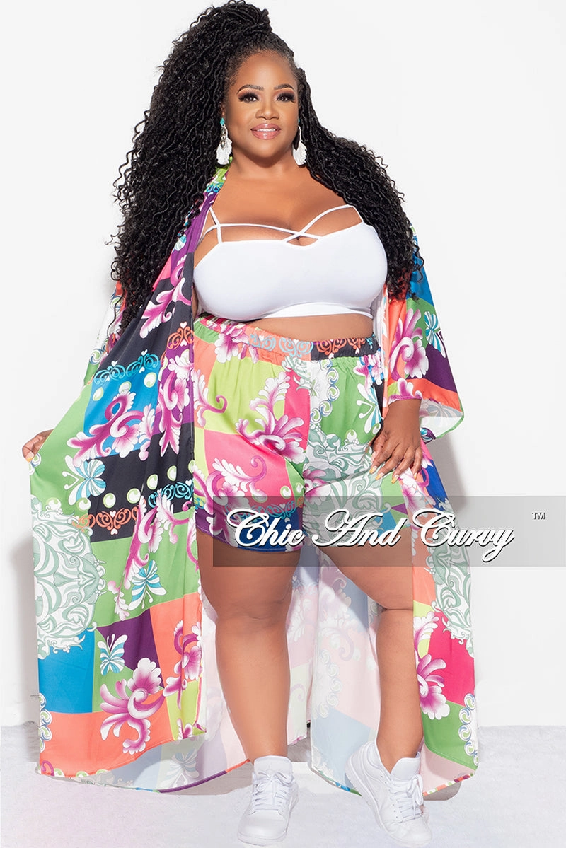 Final Sale Plus Size 2pc Set Jersey Cocoon Satin Duster & Shorts in Multi Color Design Print Multi Use anti slip grip