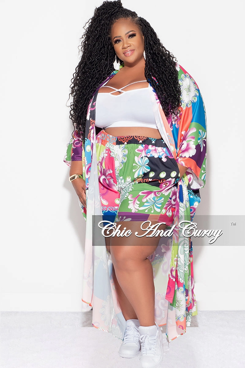 Final Sale Plus Size 2pc Set Jersey Cocoon Satin Duster & Shorts in Multi Color Design Print Modern Utility