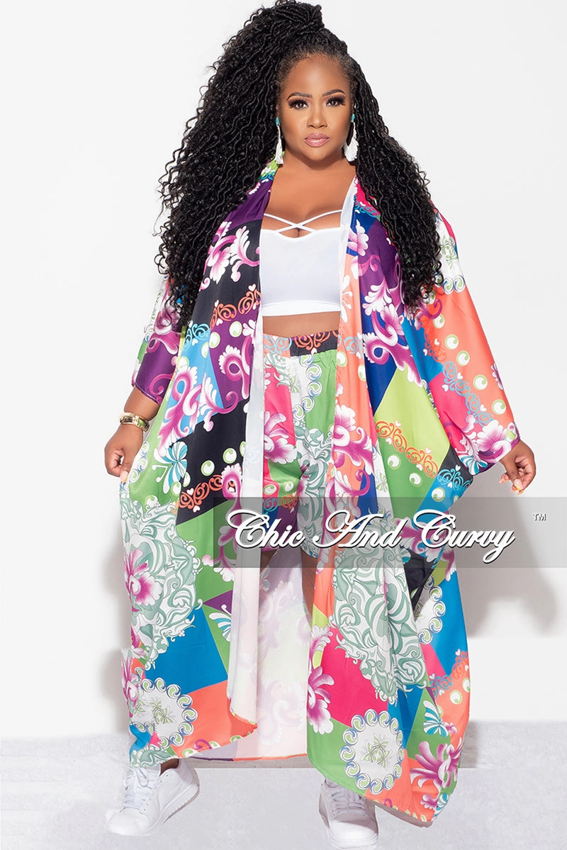 Final Sale Plus Size 2pc Set Jersey Cocoon Satin Duster & Shorts in Multi Color Design Print Reinforced Stitching Secure Cuff Design