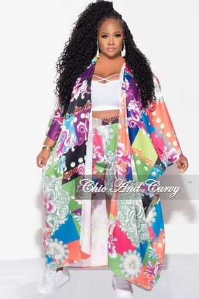 Final Sale Plus Size 2pc Set Jersey Cocoon Satin Duster & Shorts in Multi Color Design Print clean look