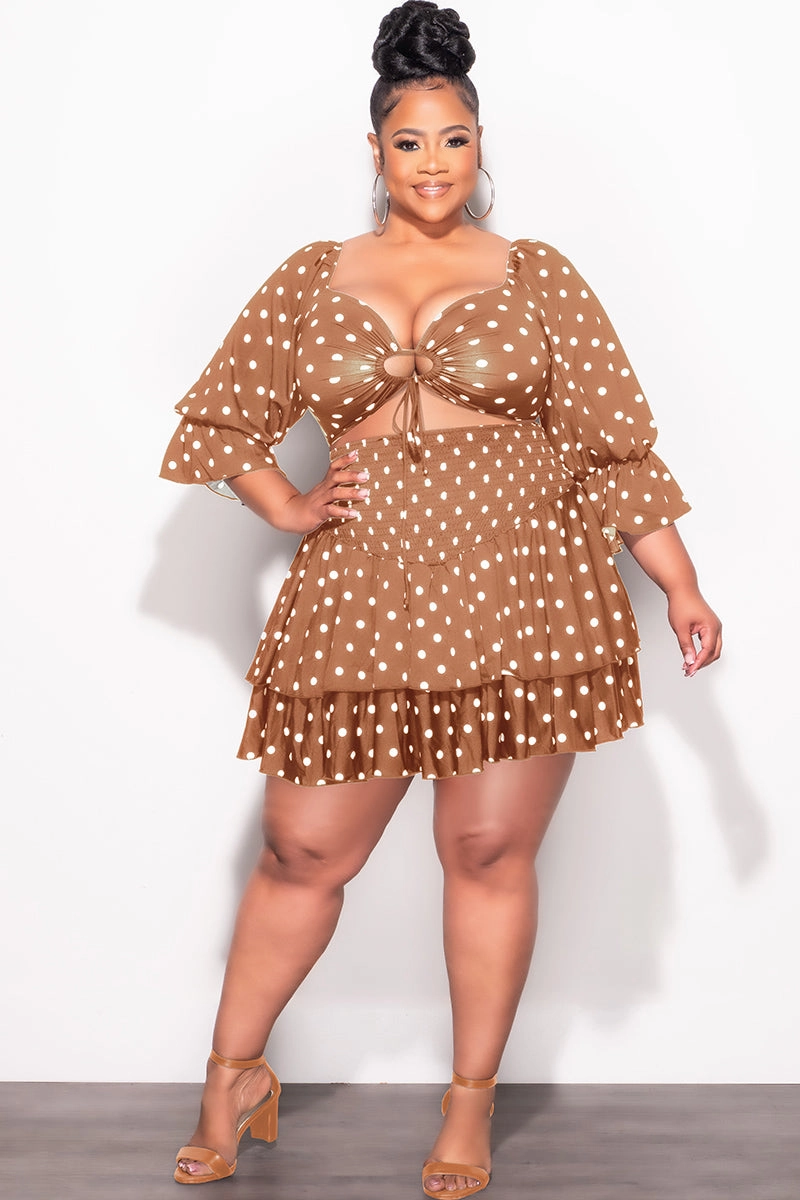 Final Sale Plus Size 2pc Set Off the Shoulder Crop Tie Top and Ruffle Layered Hem Mini Skirt in Dark Mustard with White Polka All-Purpose Wear