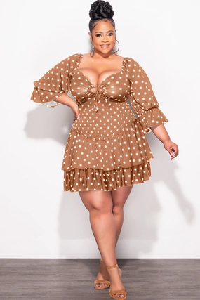 Final Sale Plus Size 2pc Set Off the Shoulder Crop Tie Top and Ruffle Layered Hem Mini Skirt in Dark Mustard with White Polka Versatile Fit