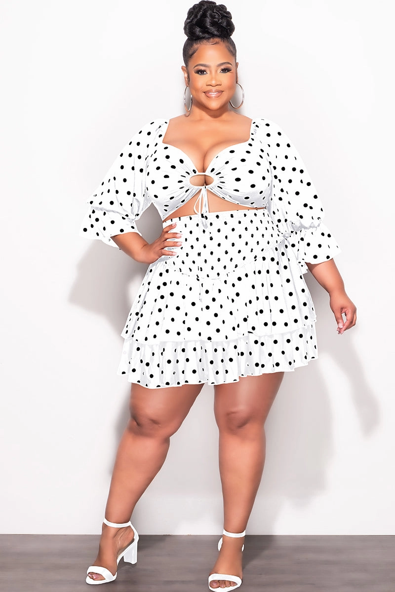 Quick Release Buckle Eco Friendly Dye Final Sale Plus Size 2pc Set Off the Shoulder Crop Tie Top and Ruffle Layered Hem Mini Skirt in White with Black Polka Dot