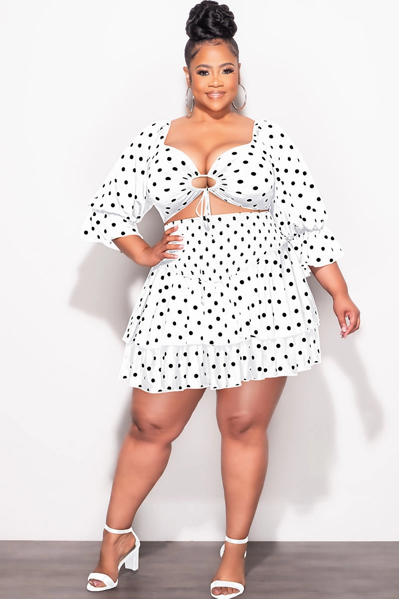 Final Sale Plus Size 2pc Set Off the Shoulder Crop Tie Top and Ruffle Layered Hem Mini Skirt in White with Black Polka Dot Modern Comfort