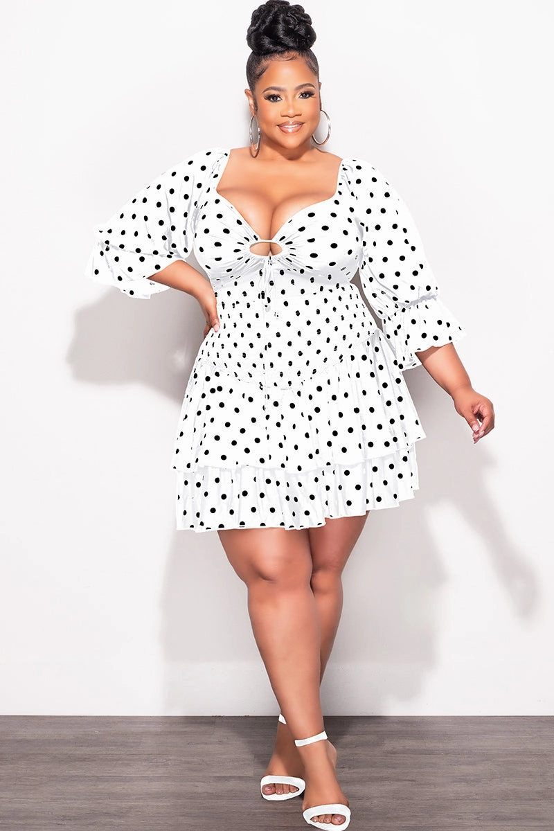 Minimal Waistband Final Sale Plus Size 2pc Set Off the Shoulder Crop Tie Top and Ruffle Layered Hem Mini Skirt in White with Black Polka Dot