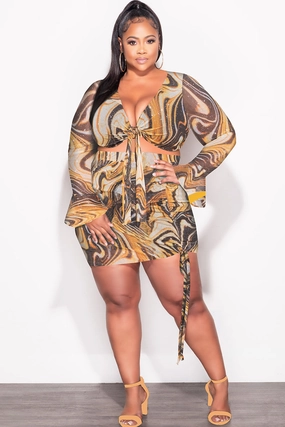 Final Sale Plus Size 2pc Set Sheer Bell Sleeve Crop Tie Top & Ruched Draw String Skirt in Mustard Yellow & Black Glitter Print Everyday Essential Rugged Fit
