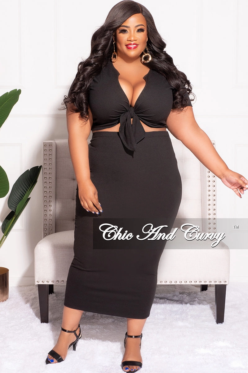 Premium Quality No Fuss Fit Final Sale Plus Size 2pc Set Tie Cropped & Skirt in Black