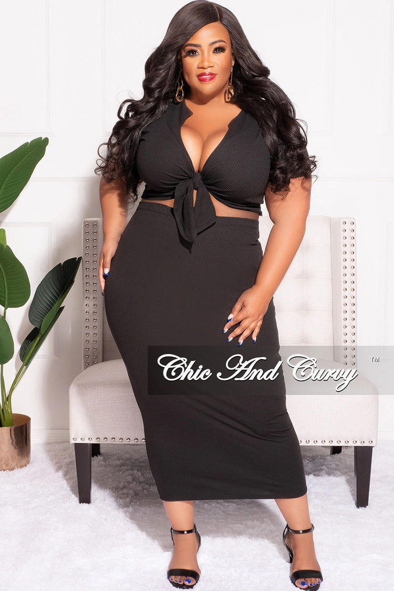 Final Sale Plus Size 2pc Set Tie Cropped & Skirt in Black Practical Style