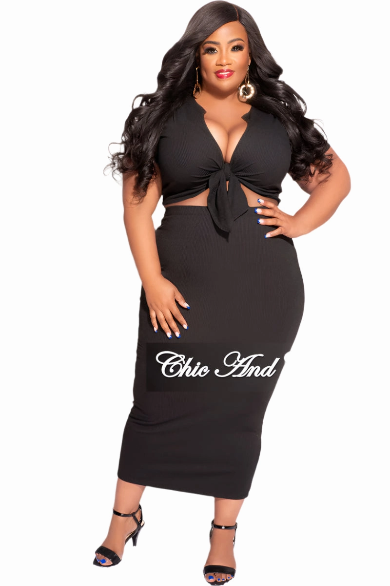 Relaxed Style Final Sale Plus Size 2pc Set Tie Cropped & Skirt in Black