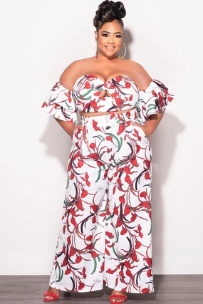 Sporty Layer Final Sale Plus Size 2pc Set White & Red Flower Print With Crop Top & Matching High Rise Pants