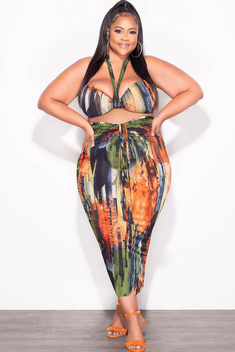 Stretch Ready Fit For Movement Final Sale Plus Size 2pc Set with Self Tie Top & Ruched Skirt in Dark Multi-Color Print