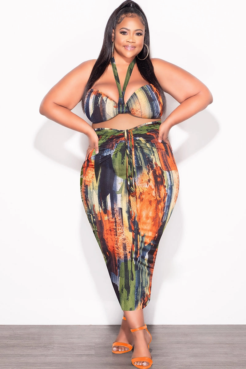 Final Sale Plus Size 2pc Set with Self Tie Top & Ruched Skirt in Dark Multi-Color Print Breathable Motion Supportive Fit