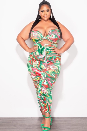Customizable length Day Comfort Final Sale Plus Size 2pc Set with Self Tie Top and Ruffle Skirt Set in Green Multi Color Print