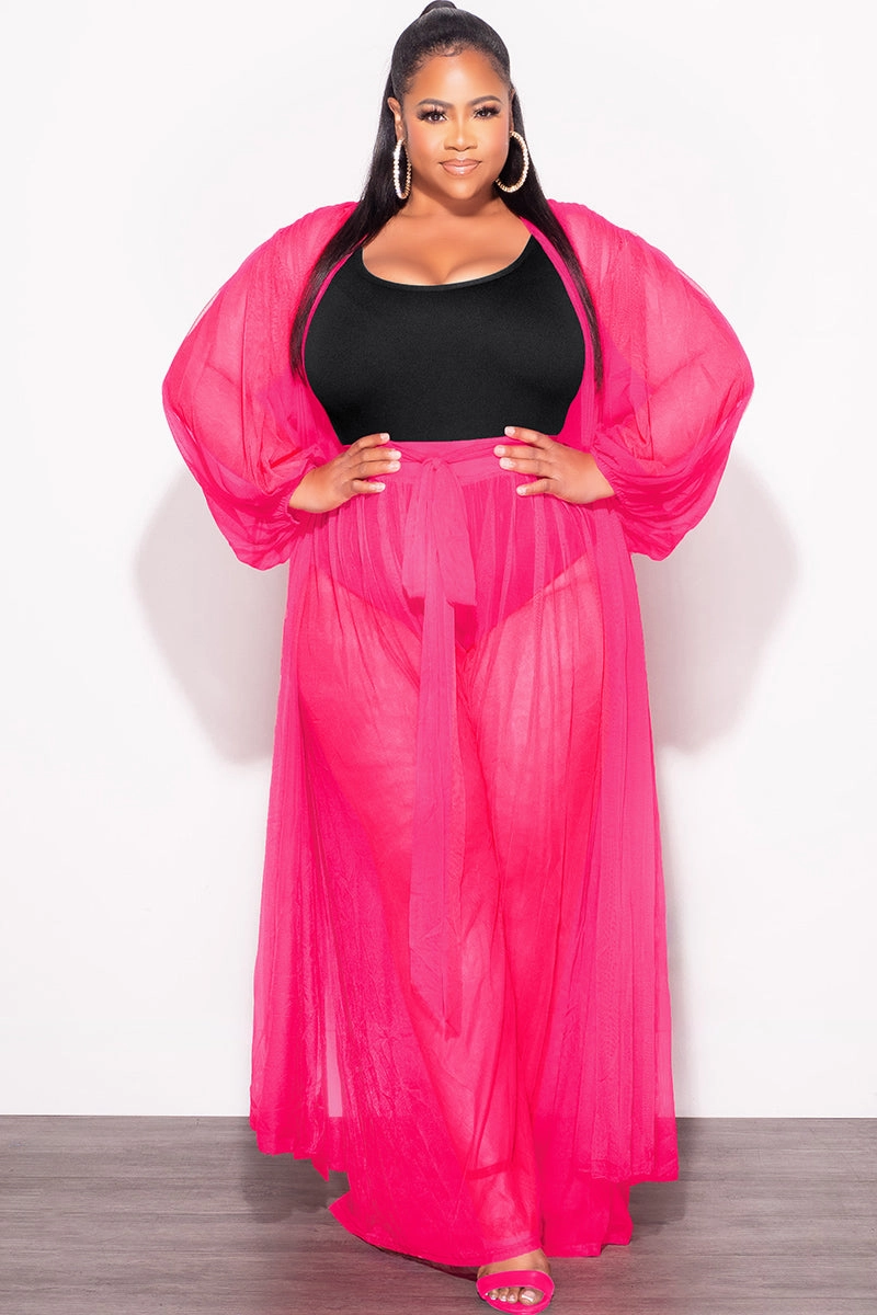 High Waist Final Sale Plus Size 2pc Sheer Duster and Pants Set in Fuchsia