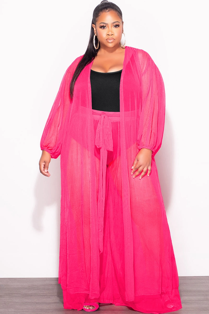 Sporty Design Move Comfort Final Sale Plus Size 2pc Sheer Duster and Pants Set in Fuchsia